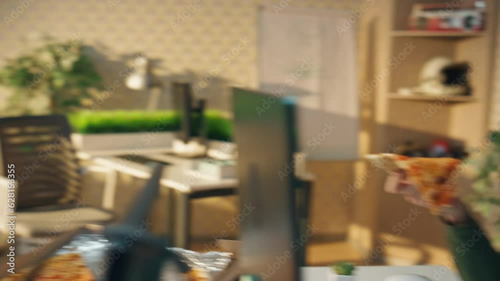Two guys eating pizza talking at monitor table closeup. Freelancers lunch break