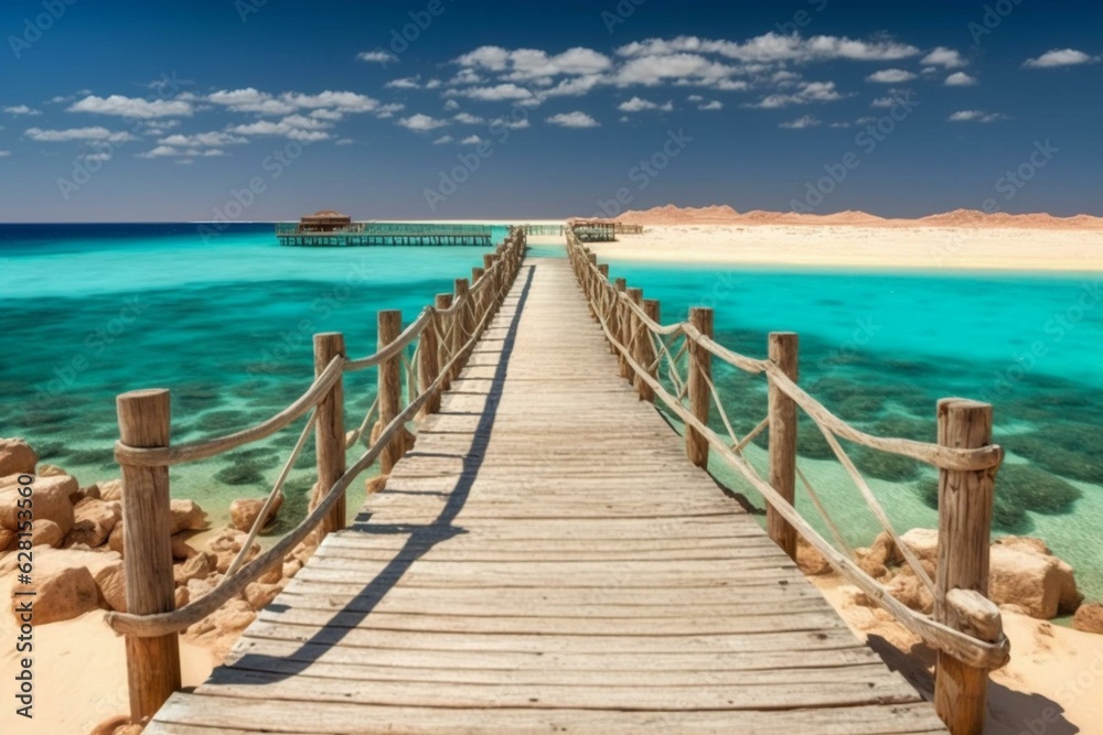A wooden pier leading to crystal clear azure waters and a white sandy beach. A paradise coastline on Giftun Island, Red Sea, Egypt. Generative AI