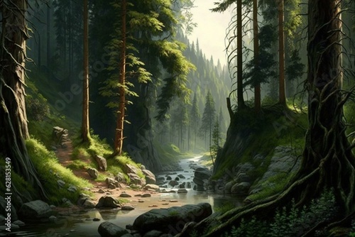 A stunning forest landscape wallpaper. Generative AI