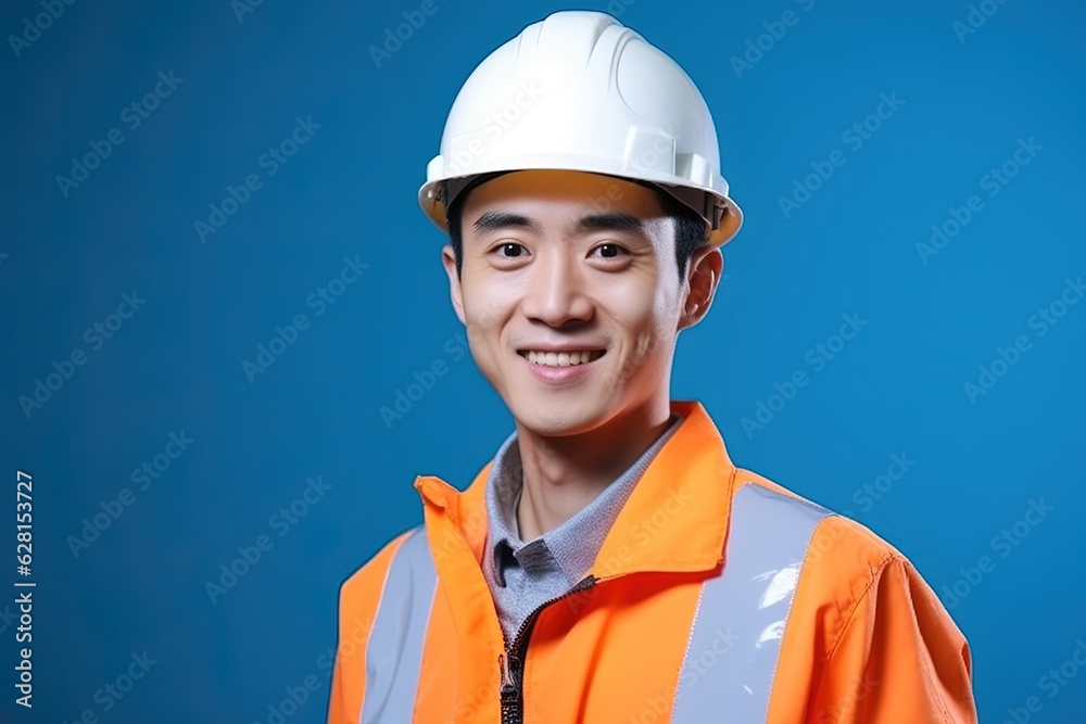 Portrait of young Asian man wearing safety helmet and reflective vest.Generative Ai Portrait of young Asian man wearing safety helmet and reflective vest.Generative Ai