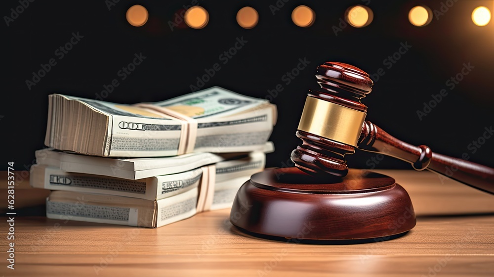 A gavel on a table with stacks of USD cash around it A gavel on a table with stacks of USD cash around it