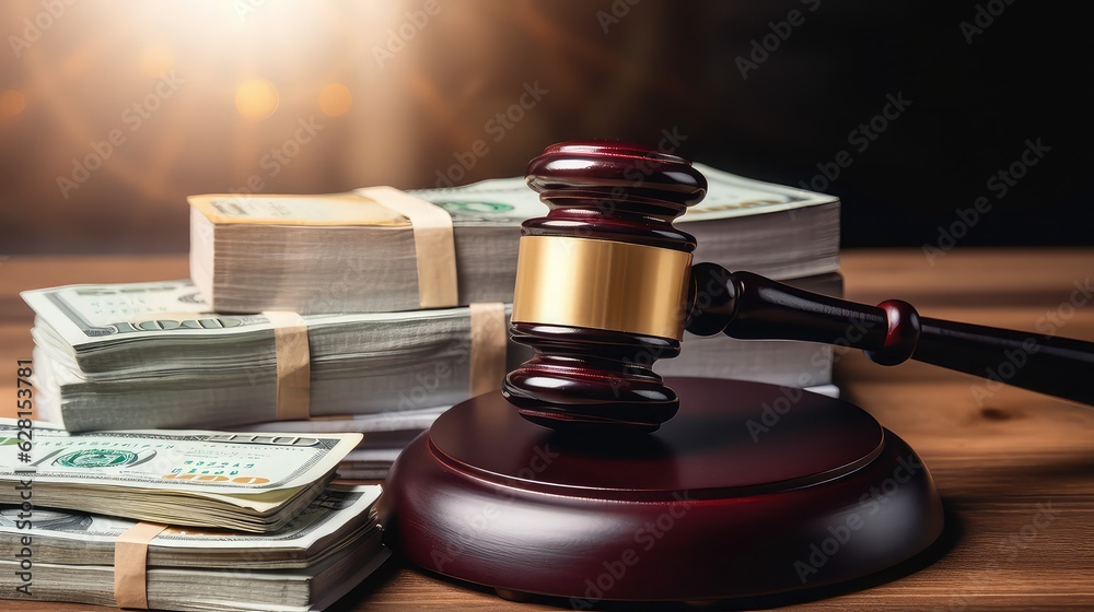 A gavel on a table with stacks of USD cash around it A gavel on a table with stacks of USD cash around it