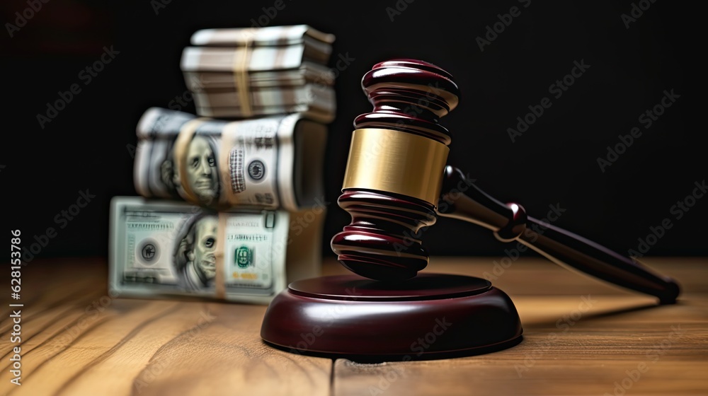 A gavel on a table with stacks of USD cash around it A gavel on a table with stacks of USD cash around it