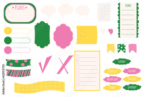 Set planner stickers, bookmarks and elements doodle cartoon style, bright trendy isolated on white background.