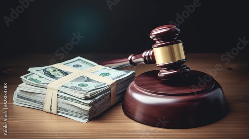 Foto A gavel on a table with stacks of USD cash around it