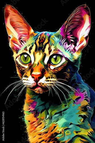 Bengal Devon Rex cat psychedelic look. Generative AI