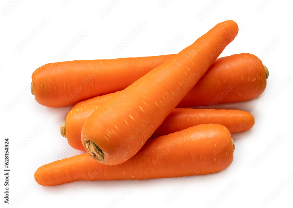 Fresh orange carrots in stack isolated on white background with clipping path. Close up of healthy vegetable root Fresh orange carrots in stack isolated on white background with clipping path. Close up of healthy vegetable root
