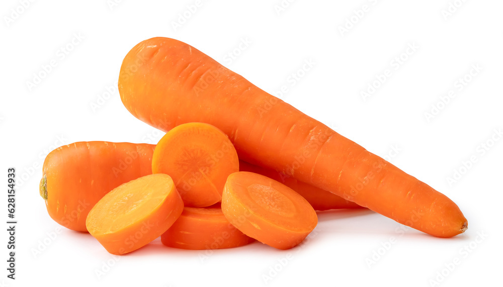 Two fresh orange carrots with slices in stack isolated on white background with clipping path. Close up of healthy vegetable root Two fresh orange carrots with slices in stack isolated on white background with clipping path. Close up of healthy vegetable root