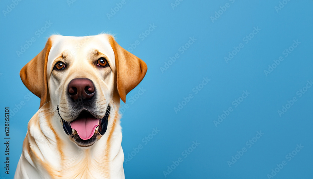 Labrador Retriever dog on blue wall background with copy space Labrador Retriever dog on blue wall background with copy space