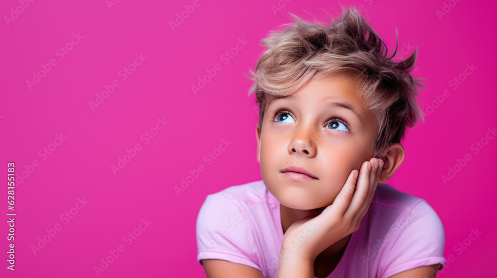 Thoughtful child on pink background looking away. Thoughtful child on pink background looking away.