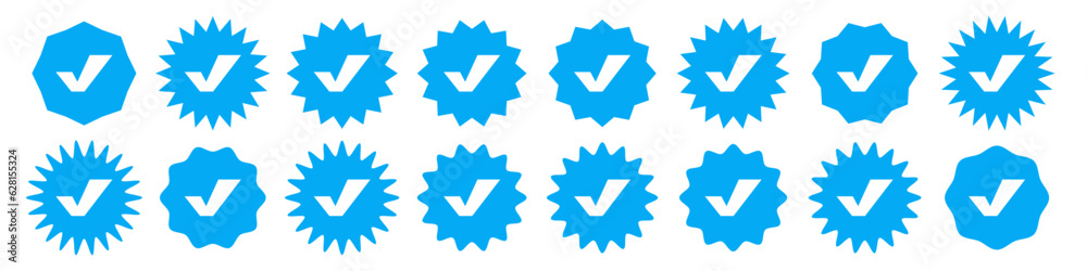 Verification symbol collection. Blue stars with tick icons for verified badge profile. Set of blue verification profile stars Verification symbol collection. Blue stars with tick icons for verified badge profile. Set of blue verification profile stars