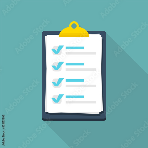 Clipboard with checklist paper sheets with shadow in a flat design. Checklist document