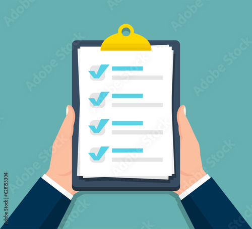 Hands holding clipboard with checklist document in a flat design. Checklist form document. Assessment, evaluation, exam, inspection