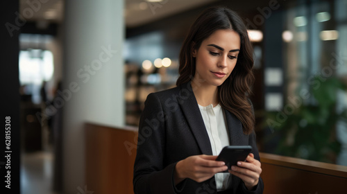 Woman looks at her phone while working in the office.