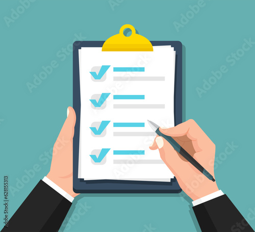 Hands holding clipboard with checklist document in a flat design. Checklist form document. Assessment, evaluation, exam, inspection