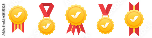 Certified medal icon collection. Premium quality golden medal set. Certificate, verification, approval, recommended golden badge icons
