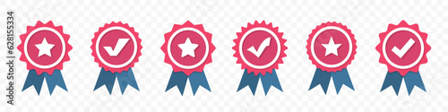 Certified medal icon collection. Premium quality medal set. Certificate, verification, approval, recommended badge with tick and star icons