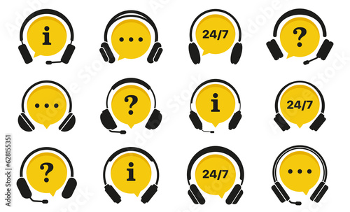 Support service icon collection. Customer service, help chat, assistance, call center icons. Set of yellow support service with headphones icons