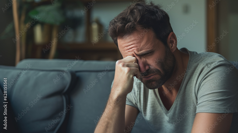Man Suffering From Depression Sitting On Sofa In Pajamas Man Suffering From Depression Sitting On Sofa In Pajamas