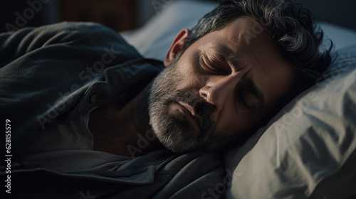 Depressed man lying in bed can't sleep late at morning with insomnia. © MP Studio