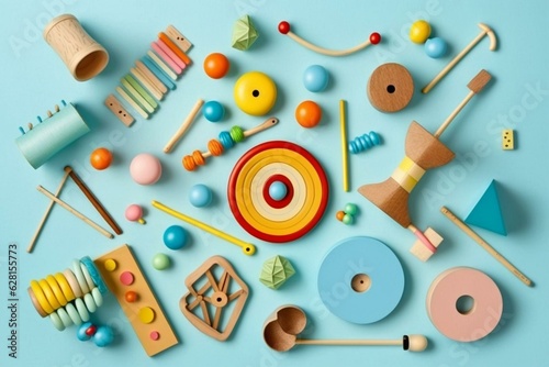Colorful educational wooden and musical toys on light blue background. Top view flat lay. Generative AI