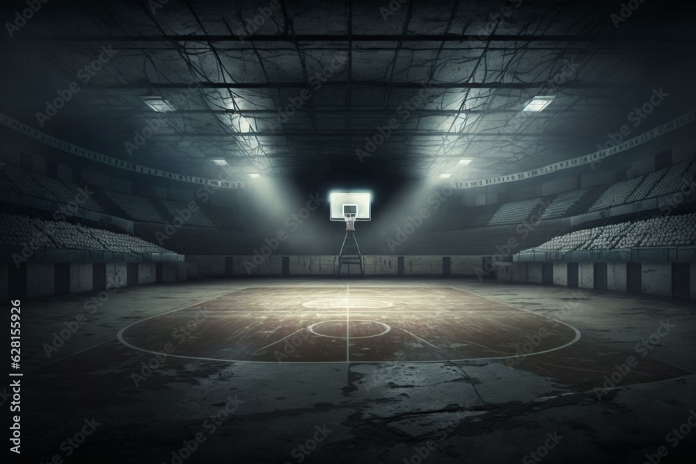 Desolate basketball arena lit by floodlights. Generative AI