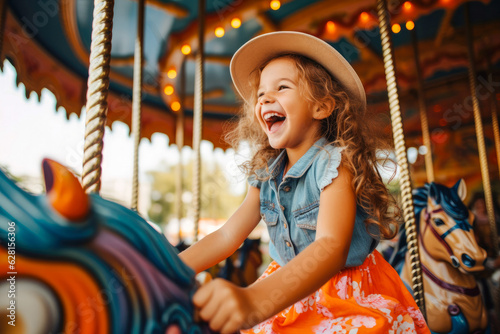 A happy young girl expressing excitement while on a colorful carousel, merry-go-round, having fun at an amusement park photo