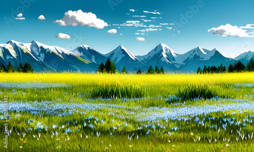 Captivating Panoramic Serenity: Spring Meadow Framed with Lush Green Grass, Distant Mountains, and Tranquil Sky - Stock Photo