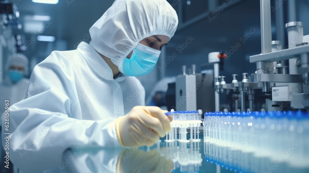 staff check Medical vials on production line at pharmaceutical factory, Pharmaceutical machine working pharmaceutical glass bottles production line, Generative AI staff check Medical vials on production line at pharmaceutical factory, Pharmaceutical machine working pharmaceutical glass bottles production line, Generative AI