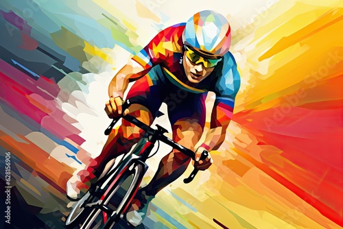 Front view illustration of a male athlete cyclist on a road bike with bright colorful background.