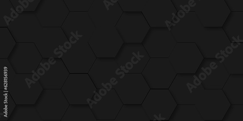 Dark black hexagon backdrop background. Background with black lines 3d Hexagonal structure futuristic black background and Embossed Hexagon , honeycomb black Background ,light and shadow.