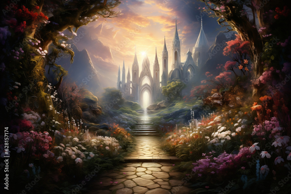 Fototapeta premium Journey to Divine Light: A Serene Pathway through an Enchanting Garden Leading to Heavenly Gates