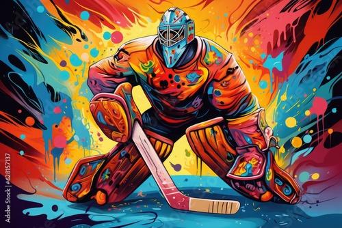 Illustration of a hockey goalkeeper with a stick on a bright colorful splashes background.