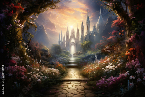 Journey to Divine Light: A Serene Pathway through an Enchanting Garden Leading to Heavenly Gates