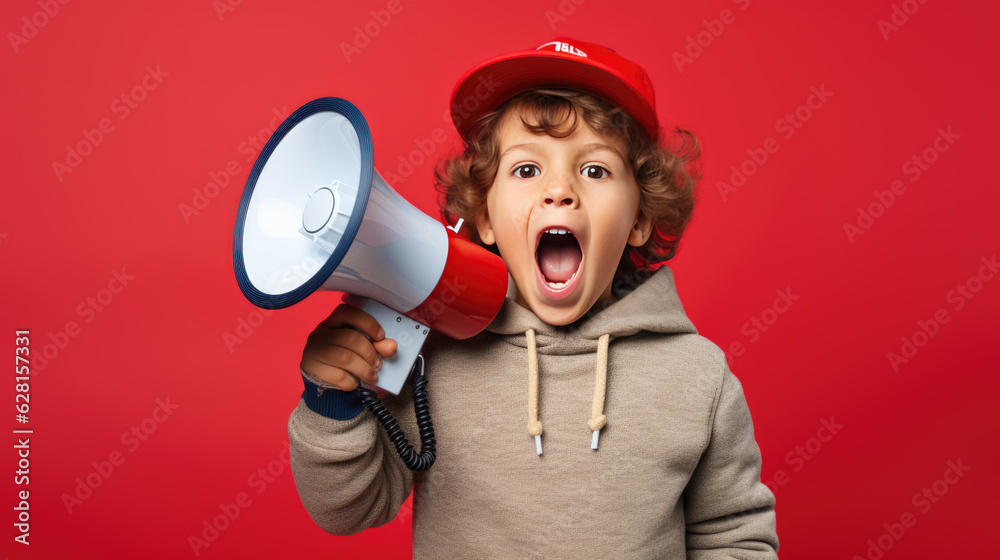 A child speaks into a loudspeaker isolated on red background. - obrazy, fototapety, plakaty 