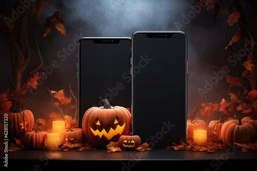Mobile phone with blank screen space and jack pumpkins on a dark Halloween background. Poster concept for autumn sale of electronics.