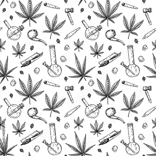 Cannabis leaves, bongs and joints seamless pattern. Marijuana hand drawn vintage background. Vector illustration in sketch style. Weed engraving design