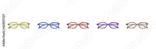 イラスト素材：眼鏡を畳んで複数色違いで並べて置いた状態 茶・赤・紫・緑・青色 手描きの水彩画 