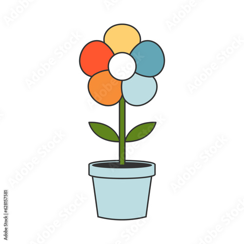 Groovy colorful flower in flowerpot. Cartoon plant in retro trendy style. Isolated vector illustration 