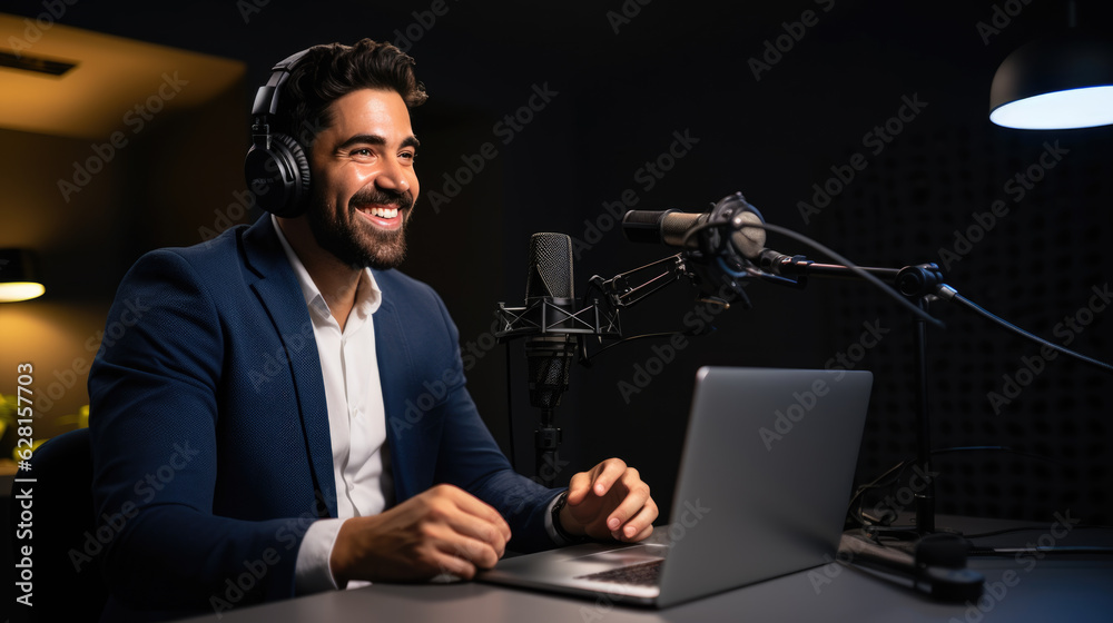 Young man records a podcast in his home office. Young man records a podcast in his home office.