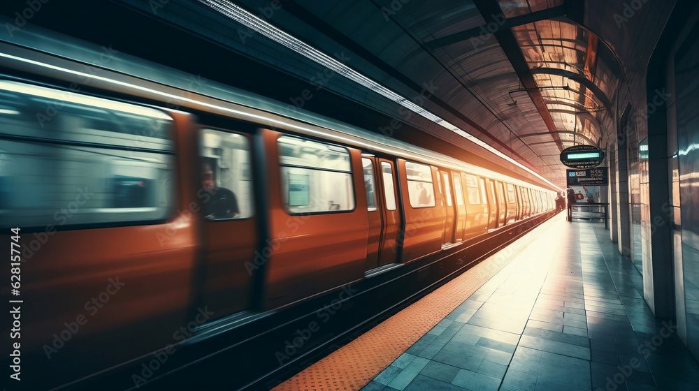 Naklejka premium Train in subway station. Tunnel subway. Generative AI.