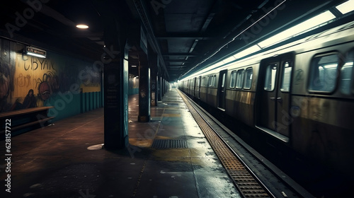 Train in subway station. Tunnel subway. Generative AI.
