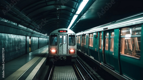 Train in subway station. Tunnel subway. Generative AI.
