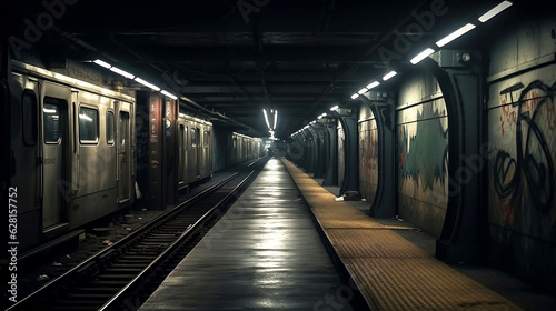 Train in subway station. Tunnel subway. Abandoned subway station. Generative AI. 