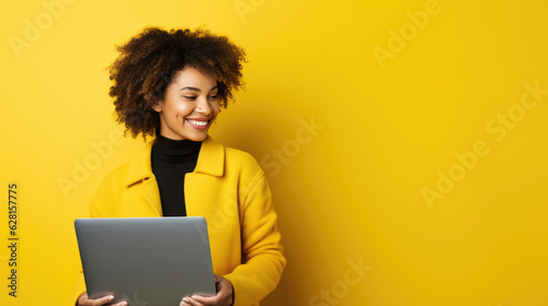 Young woman working on a laptop on a yellow background.