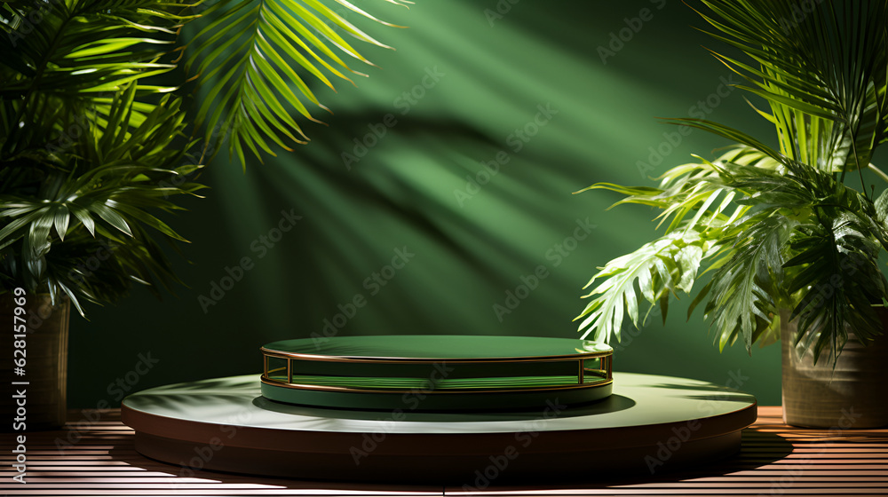 Wooden display stand in a room with plant pots Wooden display stand in a room with plant pots