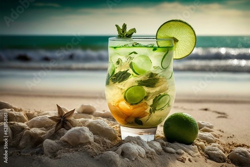Refreshing drink with mint, lime and rum on sandy shore. Generative AI