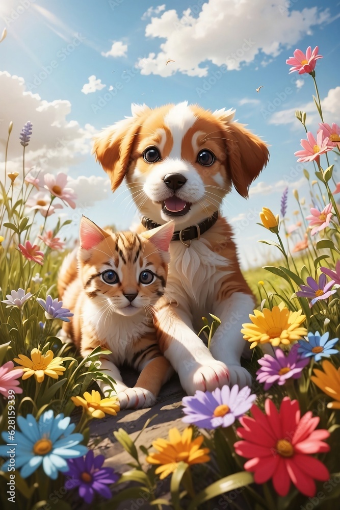 Puppy and kitten in a meadow Puppy and kitten in a meadow