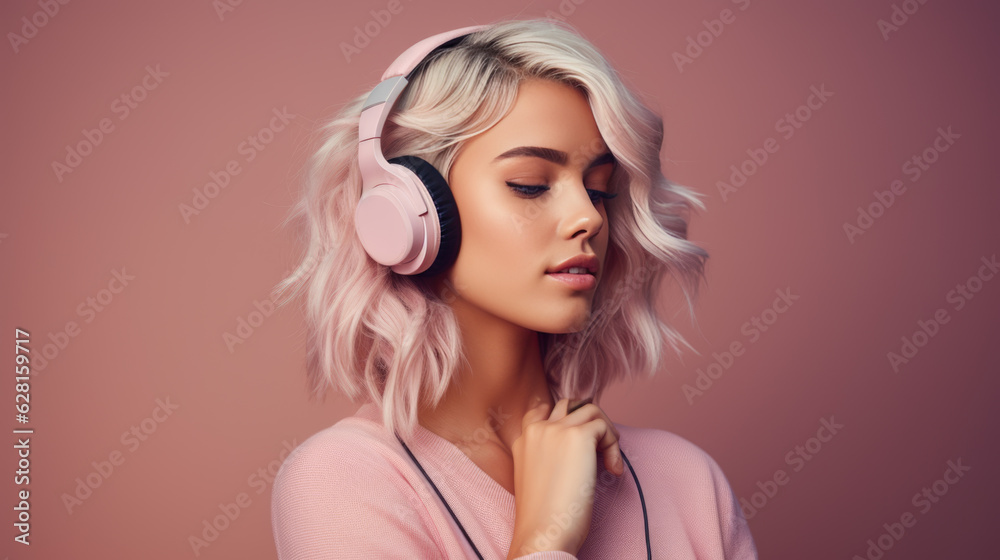Young woman wearing headphones on a pink background listening to her favorite music. Young woman wearing headphones on a pink background listening to her favorite music.