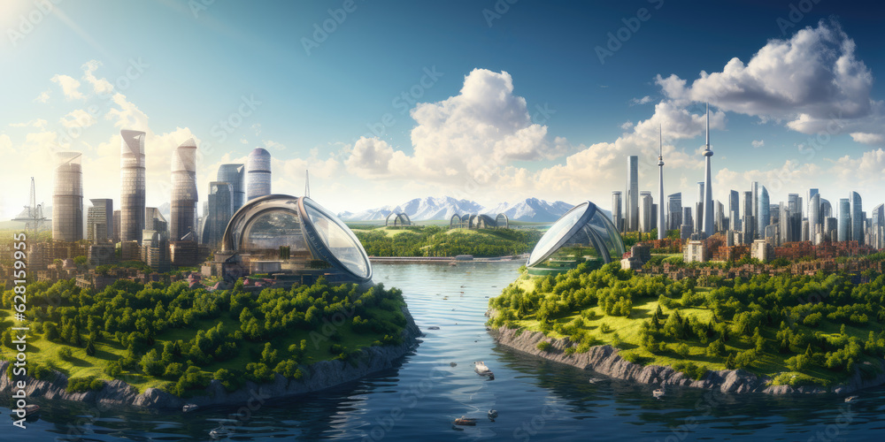 Fototapeta premium Modern ecological city Green city concept. Green forest and modern skyscrapers buildings. Generative AI